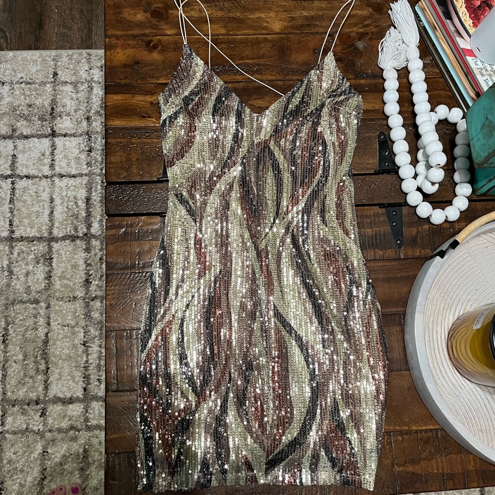 Glamorous Sequin Mini Dress in Gold and Brown